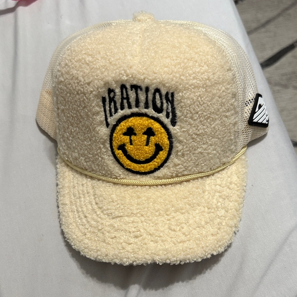 Brand New Happy Caps Iration Cream Smiley Face Textured Trucker Hat